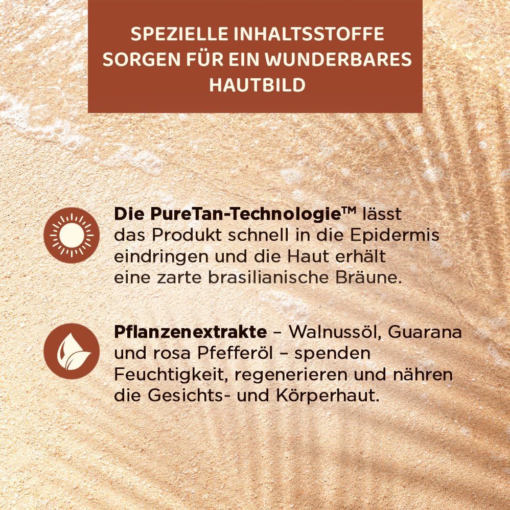Text über Inhaltsstoffe des Selbstbräunungssprays: PureTan-Technologie, Pflanzenextrakte (Walnussöl, Guarana, rosa Pfeffer).