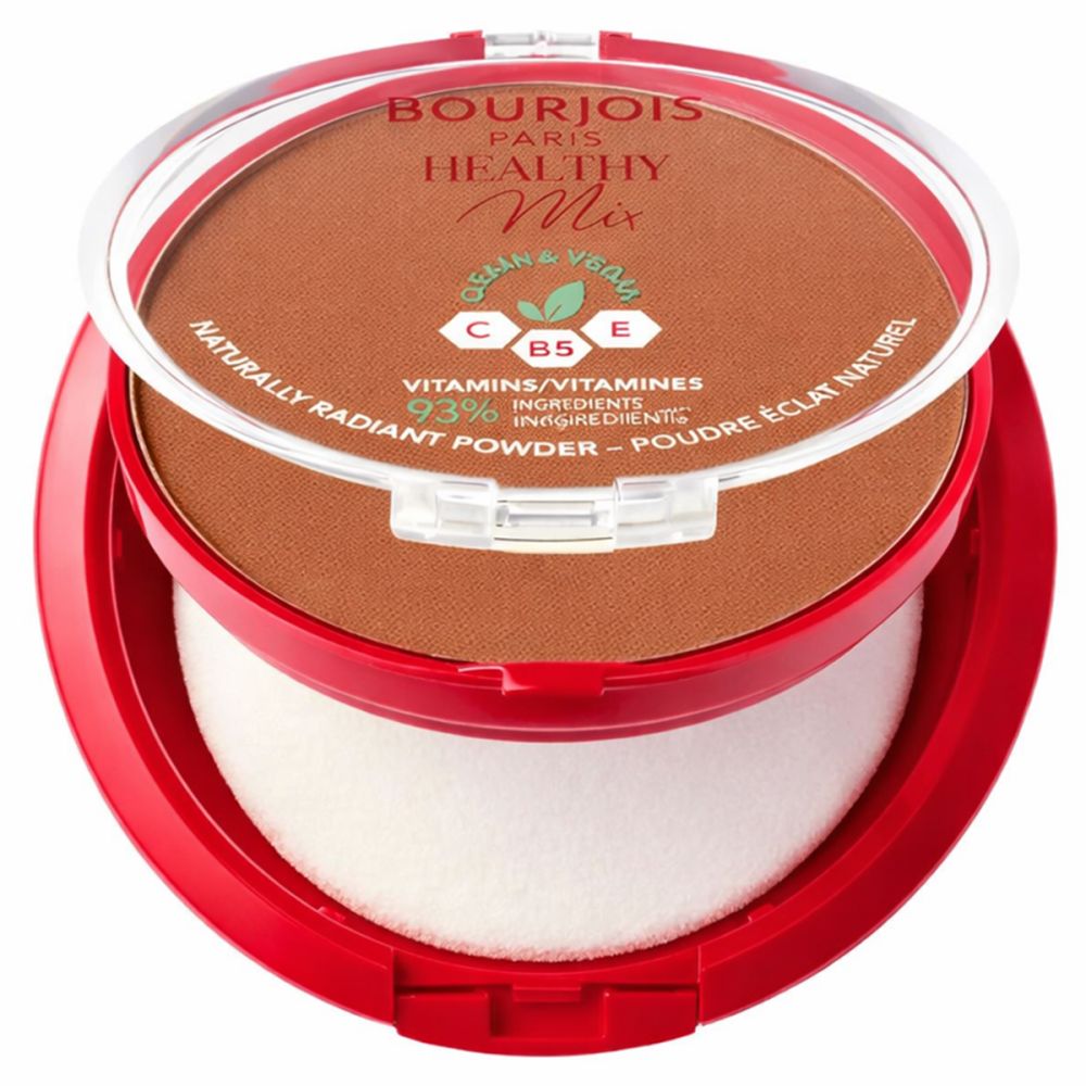 Roter runder Behälter mit transparentem Deckel. Puder mit Schwamm. Aufschrift: Bourjois Paris Healthy Mix, vegan, Vitamine.