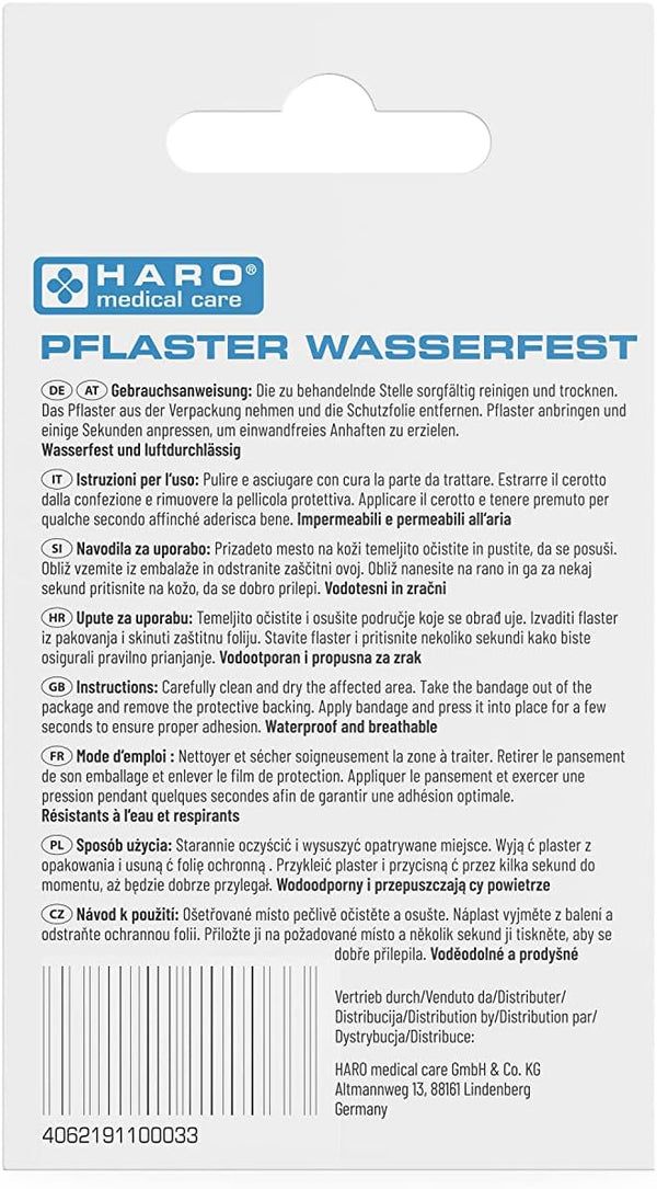 Rückseite der Haro Pflaster wasserfest Verpackung. Text in Deutsch, Englisch, Französisch, Italienisch, Niederländisch und Tschechisch.