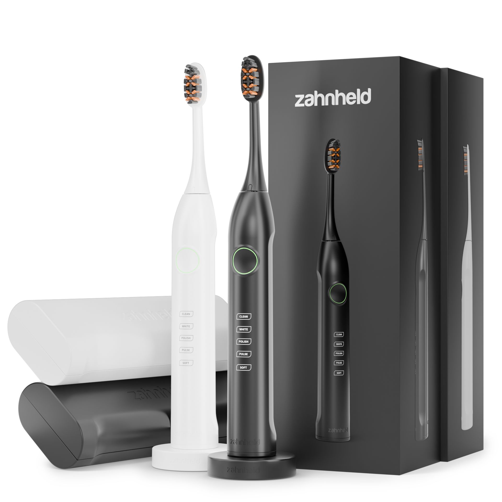 Zahnbürsten im Doppelpack mit Verpackung. Zwei Zahnbürsten, eine schwarz, eine weiß. Schwarze Box mit Produktname.