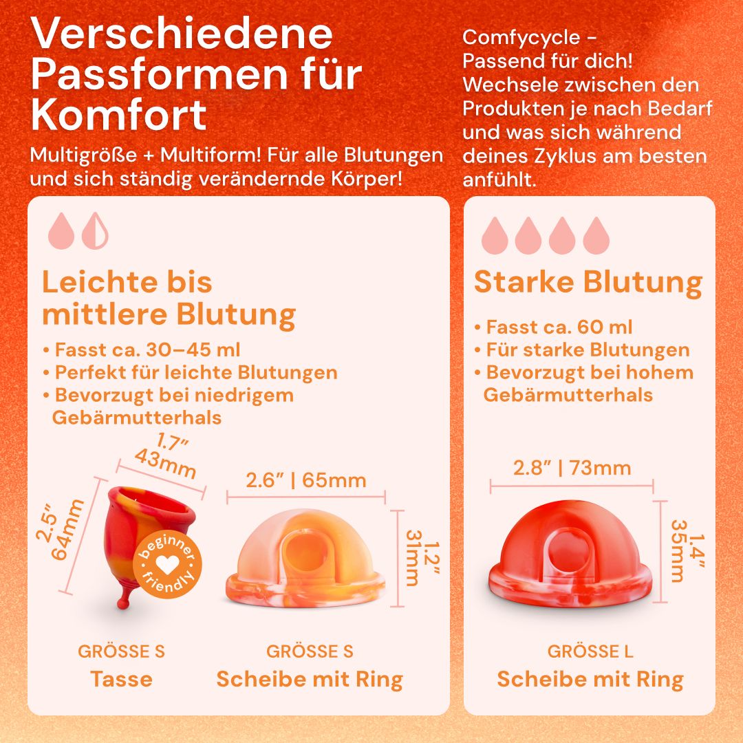 Menstruationsscheiben in verschiedenen Größen (S, L) und Formen, mit Maßen.