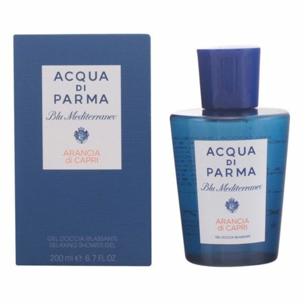 Blaues Duschgel und Schachtel. Aufschrift: Acqua di Parma Blu Mediterraneo Arancia di Capri. Gel Doccia Rilassante.