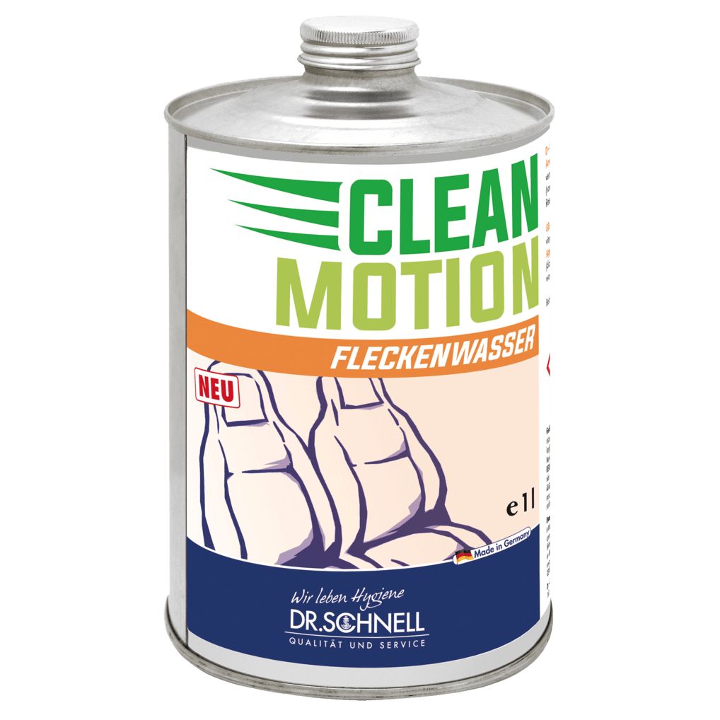 Zylindrische Dose mit Schraubverschluss. Aufschrift CLEAN MOTION FLECKENWASSER. Logo DR.SCHNELL. Aufkleber mit Abbildung von Autositzen.