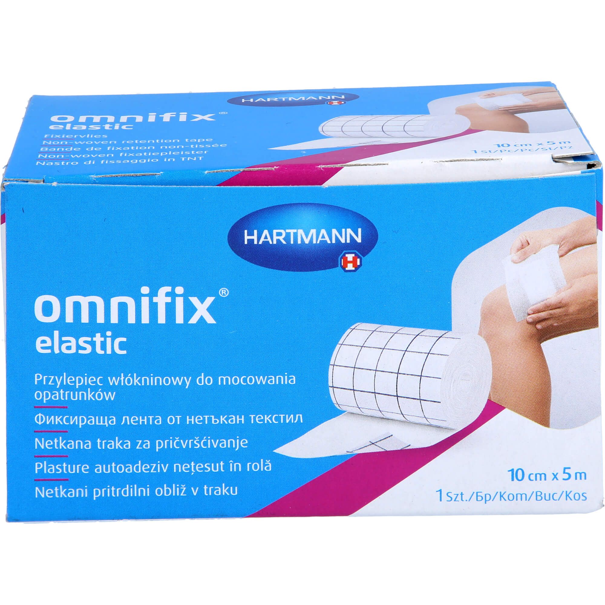 Omnifix Elastic Verbandrolle, 10cm x 5m, auf einer blauen Verpackung mit Produktabbildung.