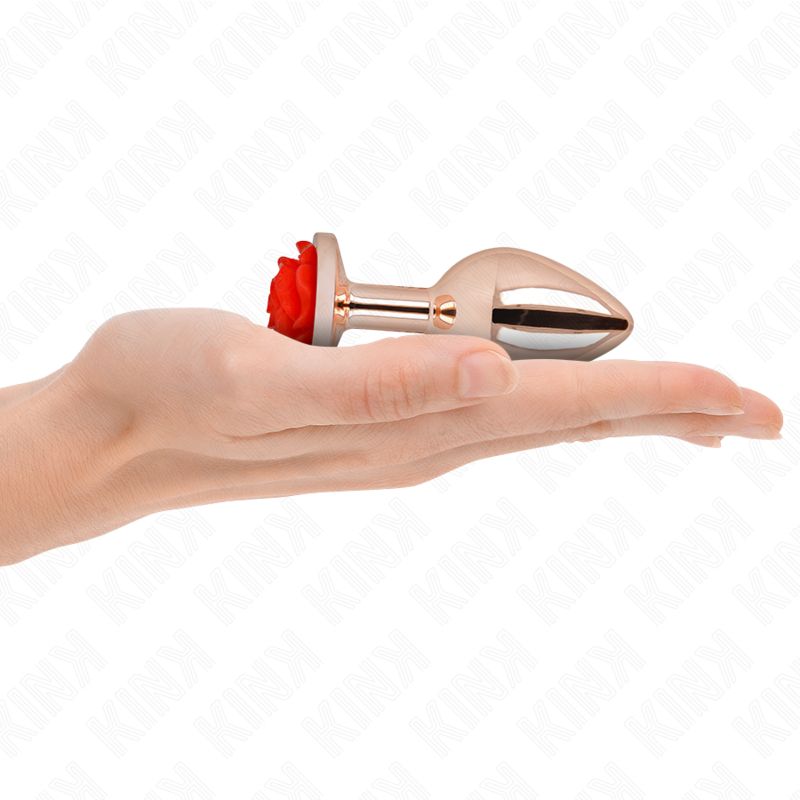 Analplug mit roter Rose in Hand gehalten. Metallfarbenes Design. Rose am Boden. Gezeigt in einer Handfläche.