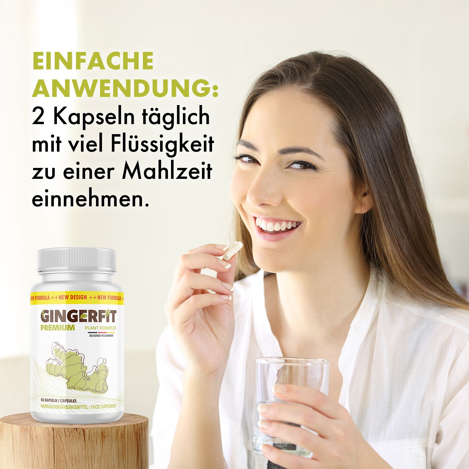 Frau hält Kapsel und Glas Wasser. Aufschrift: GINGERFIT PREMIUM. Text: 2 Kapseln täglich mit viel Flüssigkeit zu einer Mahlzeit einnehmen.