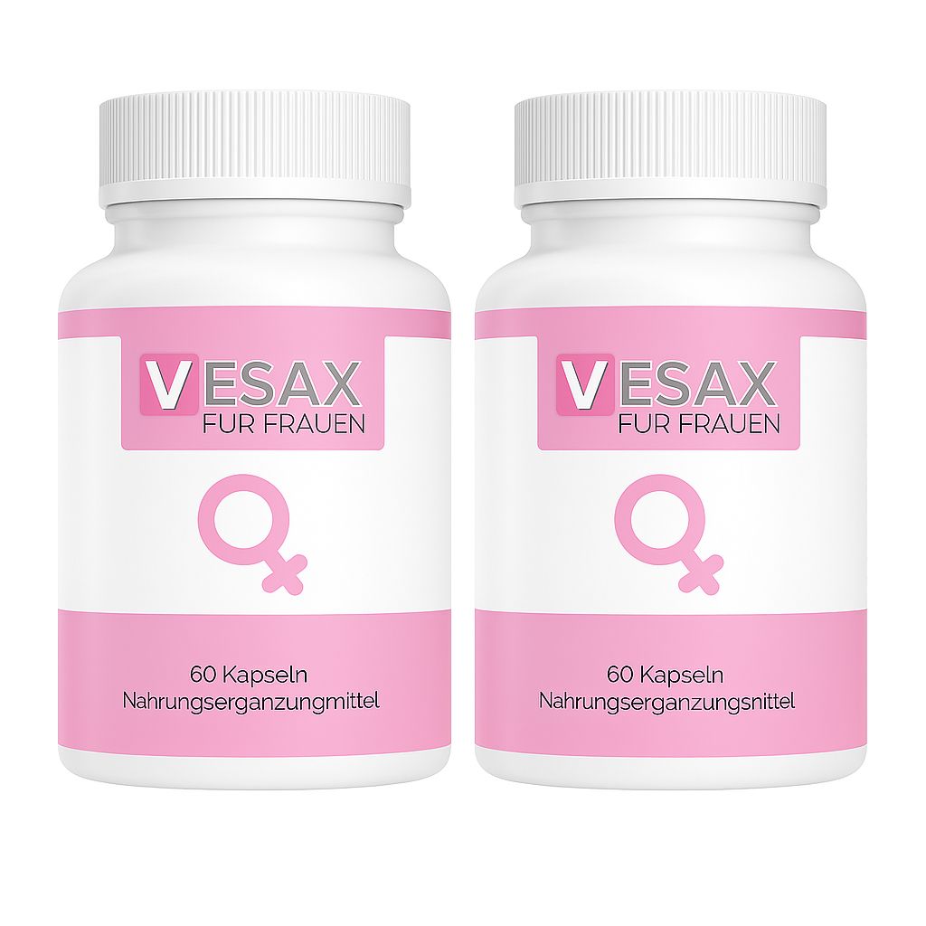 Zwei weiße Flaschen mit rosa Etiketten. Aufschrift: VESAX FÜR FRAUEN, 60 Kapseln, Nahrungsergänzungsmittel. Mit einem weiblichen Symbol.