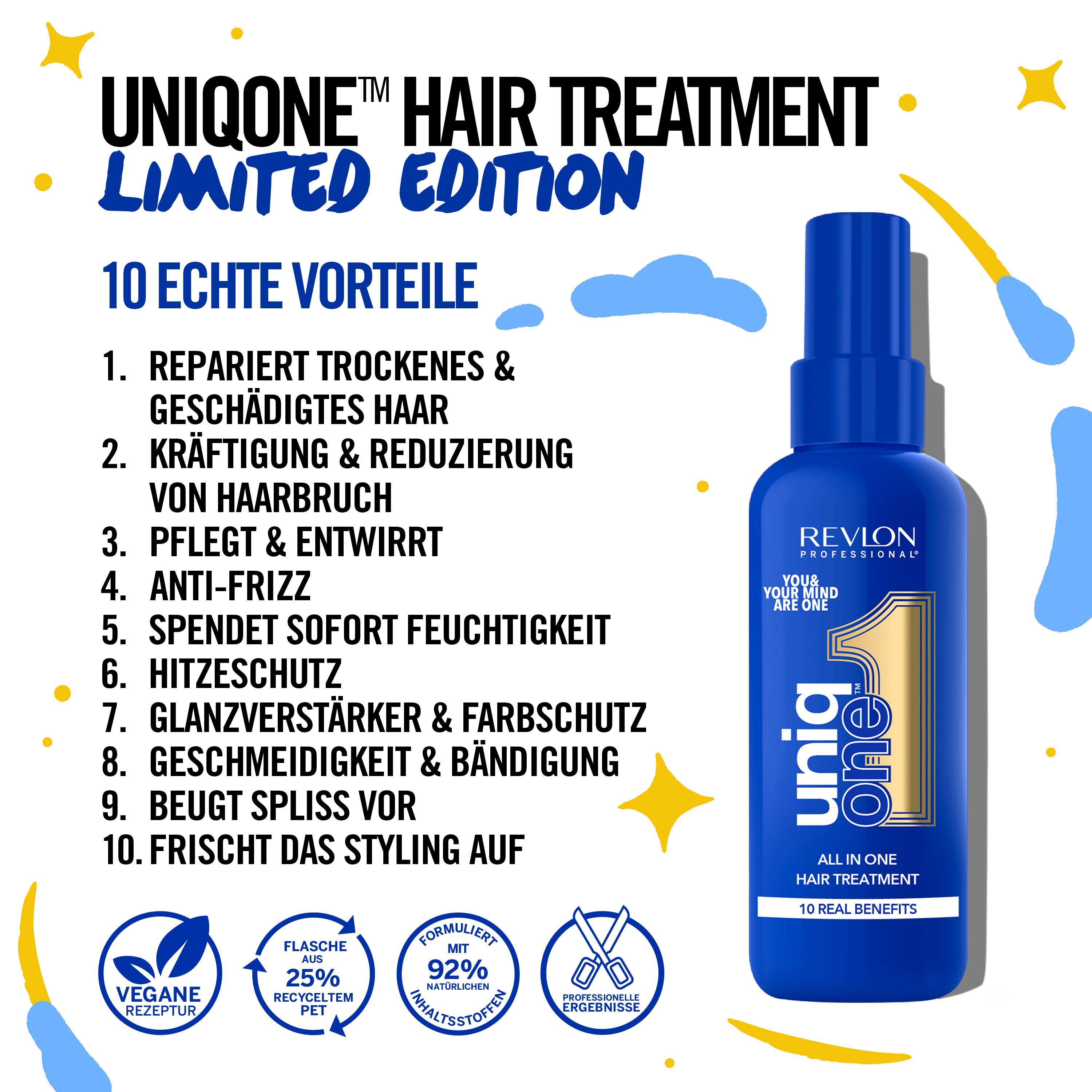 Blaue Flasche UniqOne Hair Treatment Limited Edition. Text: 10 Vorteile, vegan, 25% recyceltes PET, 92% Inhaltsstoffe natürlichen Ursprungs.