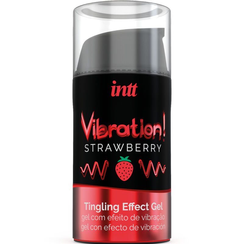 Schwarze Flasche mit roter und weißer Schrift. Aufschrift: INTT Vibration! Strawberry Tingling Effect Gel.