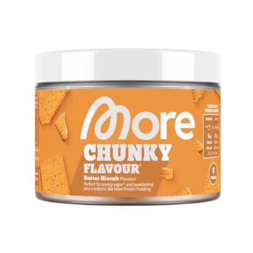 Behälter mit "More Chunky Flavour" Butter Biscuit. Orangefarbenes Etikett mit Produktnamen und Keksen. Deckel weiß.