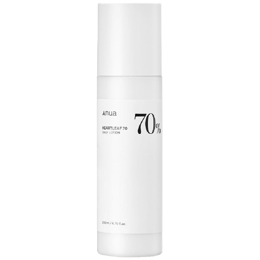 Weiße Lotionflasche mit schwarzer Schrift: Anua Heartleaf 70 Daily Lotion, 200ml.