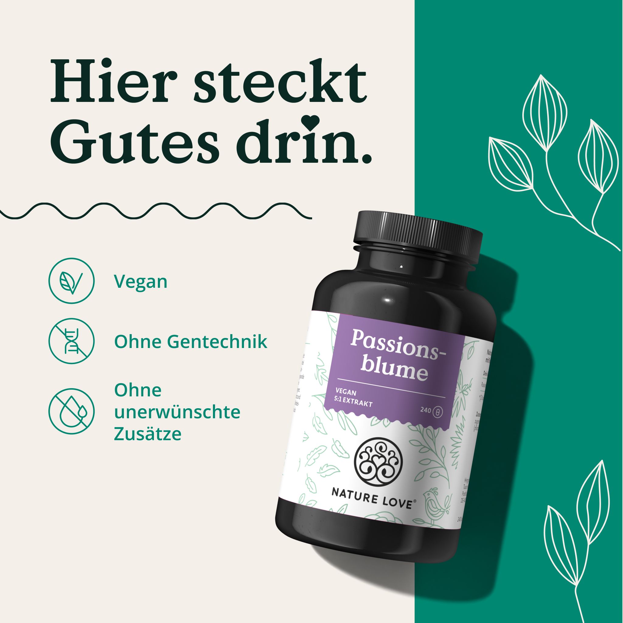 Dunkle Flasche mit lila Etikett. Passionsblume Extrakt. Vegan. Ohne Gentechnik. Ohne unerwünschte Zusätze. NATURE LOVE Logo.