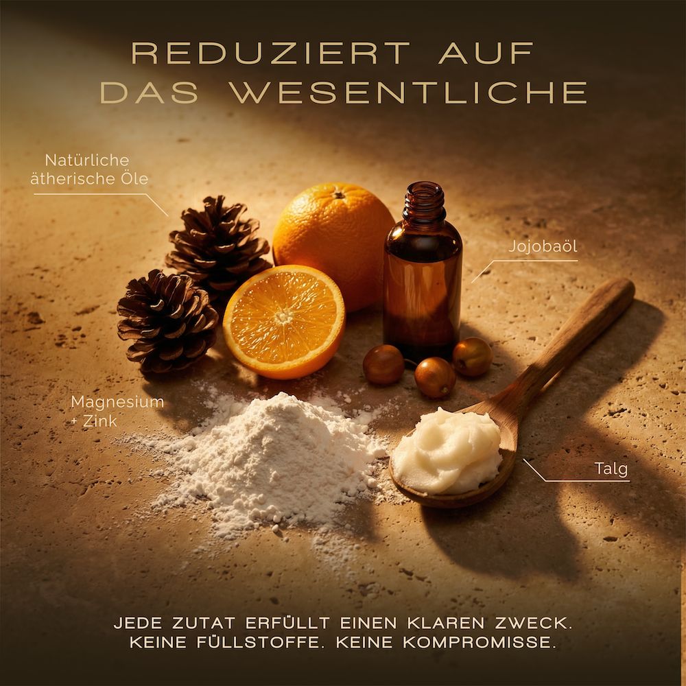 Verschiedene Zutaten auf einer Oberfläche: Orangenscheibe, Kiefernzapfen, Ölflasche, Jojobaöl, Magnesium, Zink, Talk.