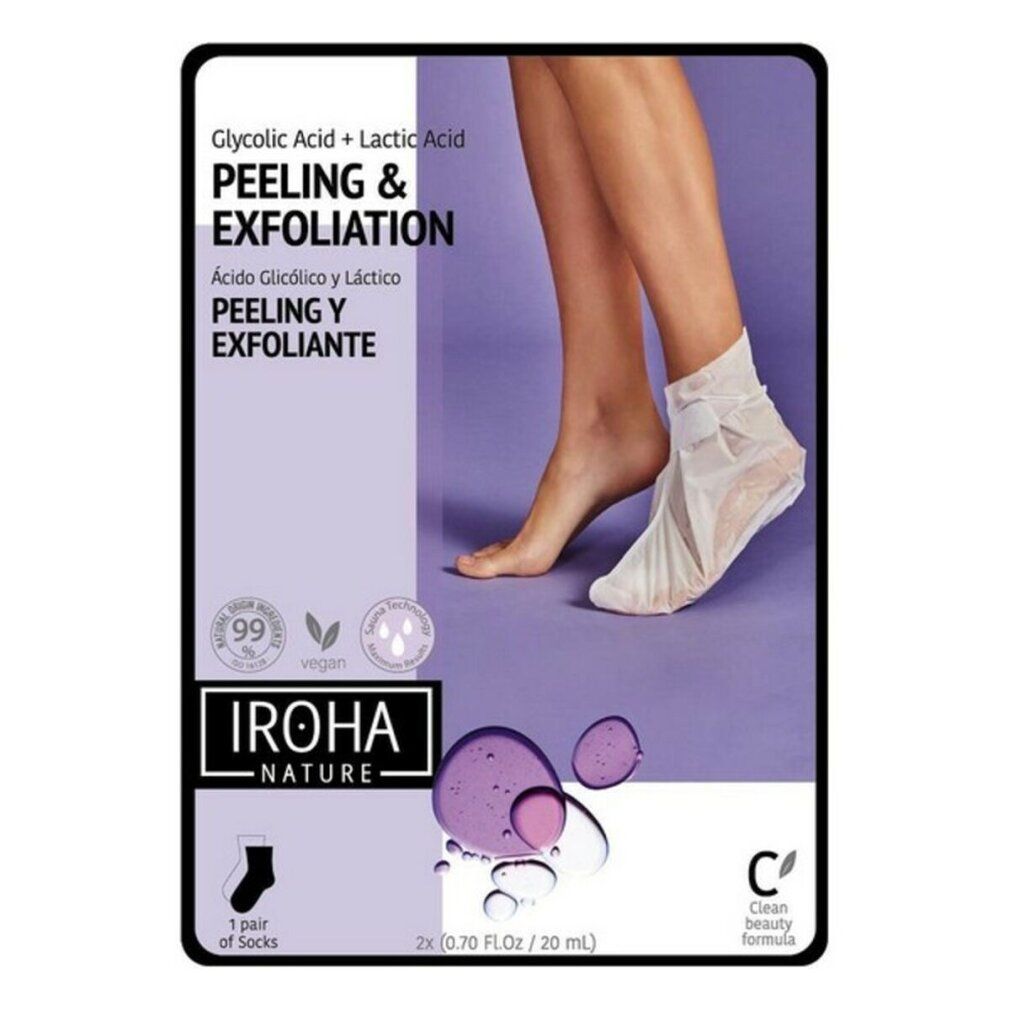 Rückseite der Verpackung. Text: Peeling & Exfoliating Socks, IROHA NATURE. Informationen zu Anwendung und Inhaltsstoffen.