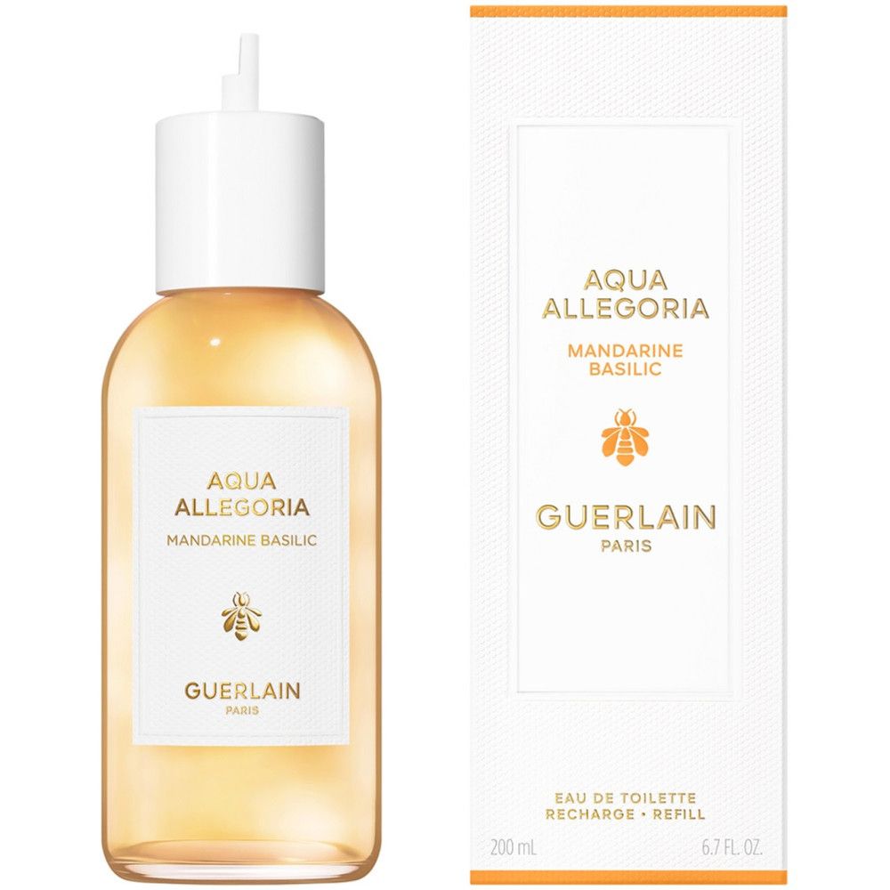 Glasflakon und Verpackung. Aufschrift Aqua Allegoria Mandarine Basilic. Marke Guerlain Paris. 200 ml.