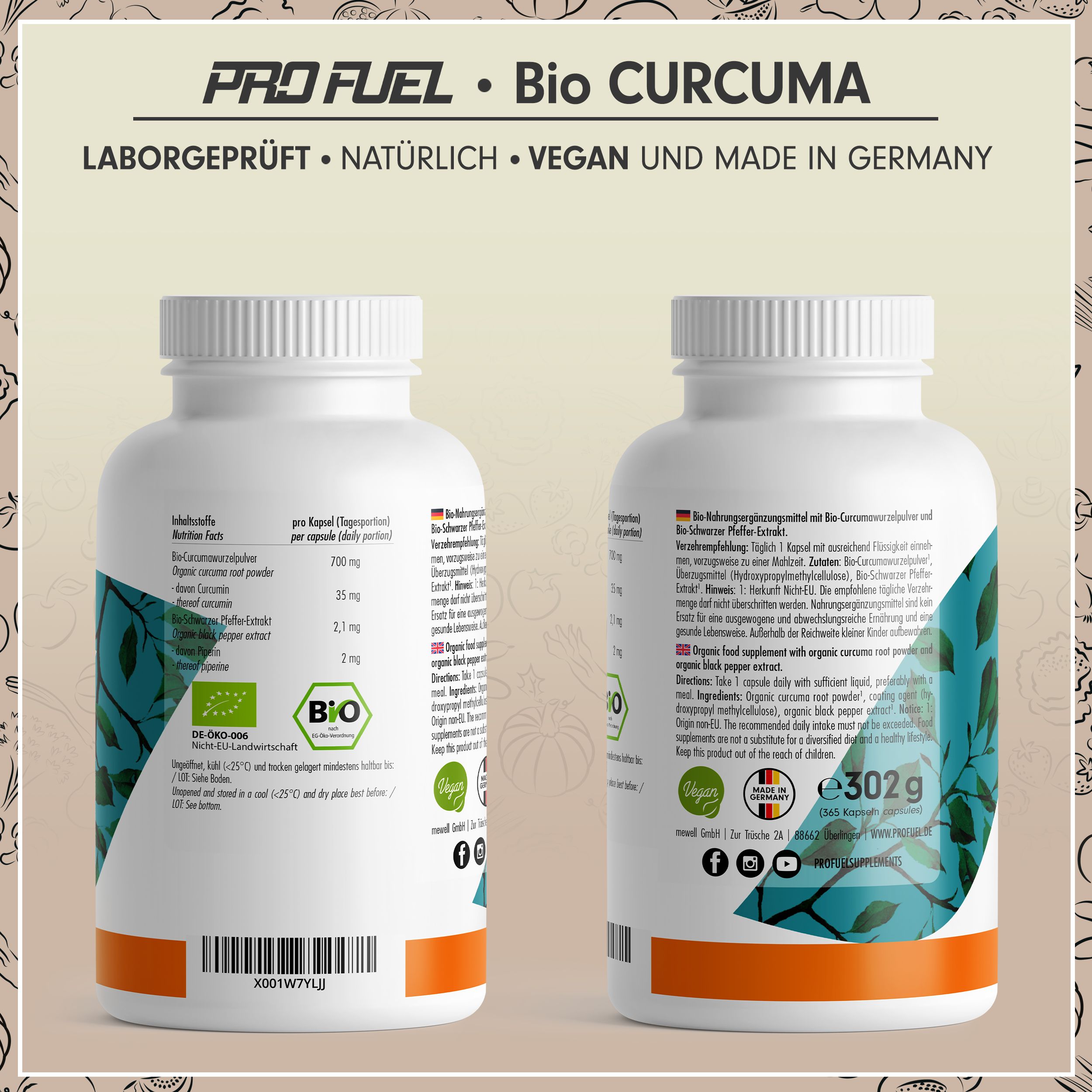 Zwei weiße Flaschen Bio Curcuma Kapseln. Aufschrift: 700 mg Curcuma, 365 Kapseln, vegan. Rückseite: Inhaltsstoffe.