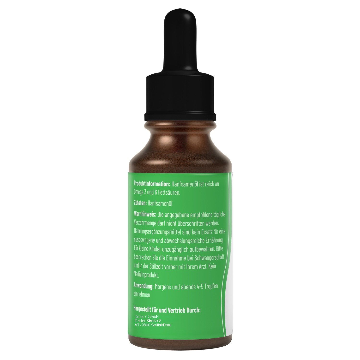 Braune Flasche mit Tropfer. Rückseite mit Text. Produktinformationen, Warnhinweise, Anwendung, Herstellerinformationen.