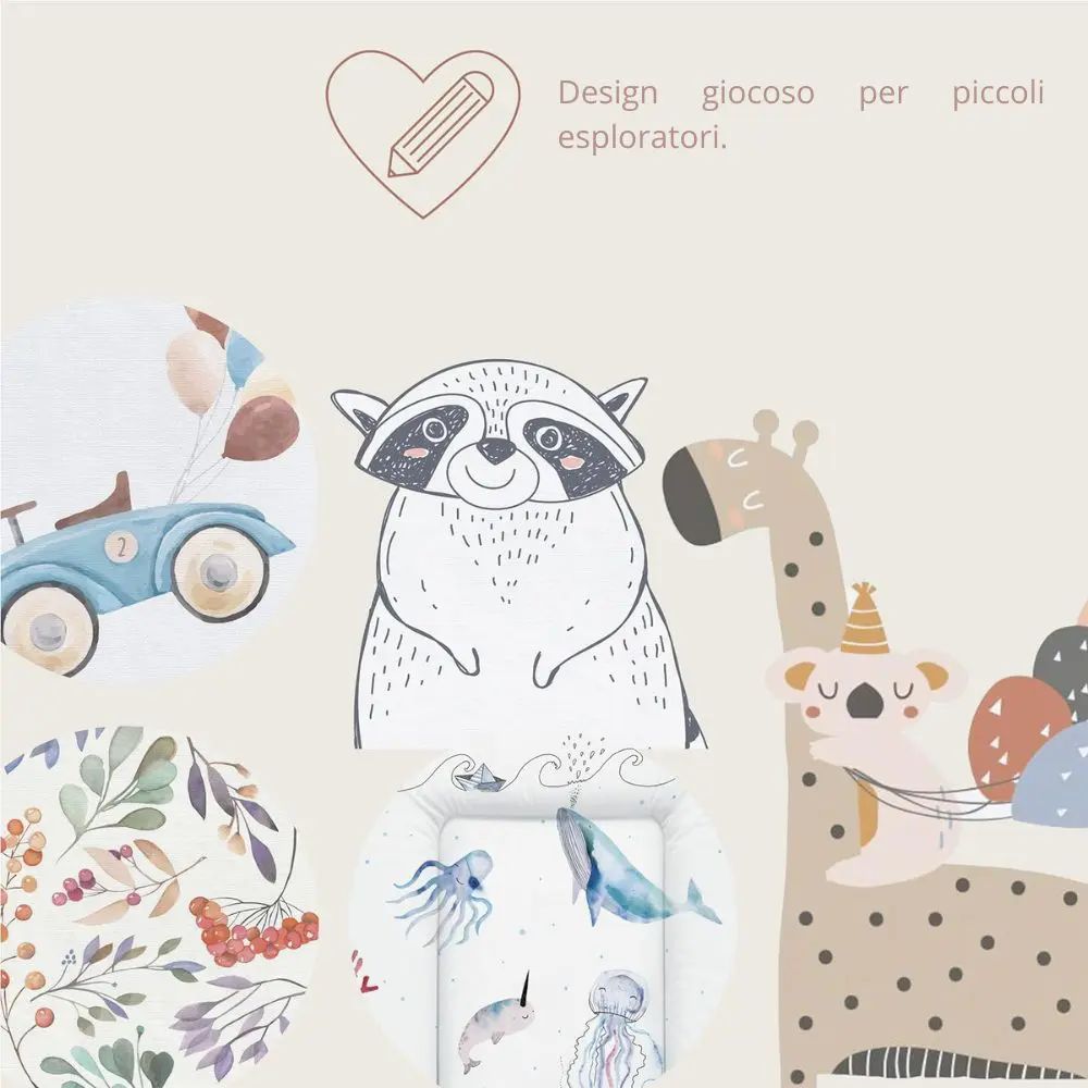 Illustrationen von Tieren und Elementen für Kinder. Rassel, Giraffe, Koala, Wal, etc. Design für kleine Entdecker.