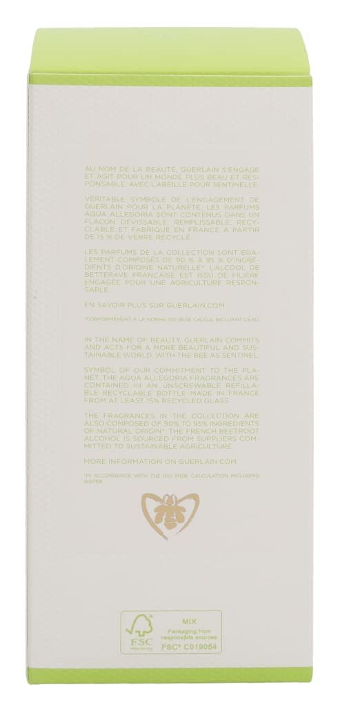 Verpackung mit grünem Rand. Text: Aqua Allegoria, Informationen zu Inhaltsstoffen, FSC-Logo, und Guerlain-Logo.