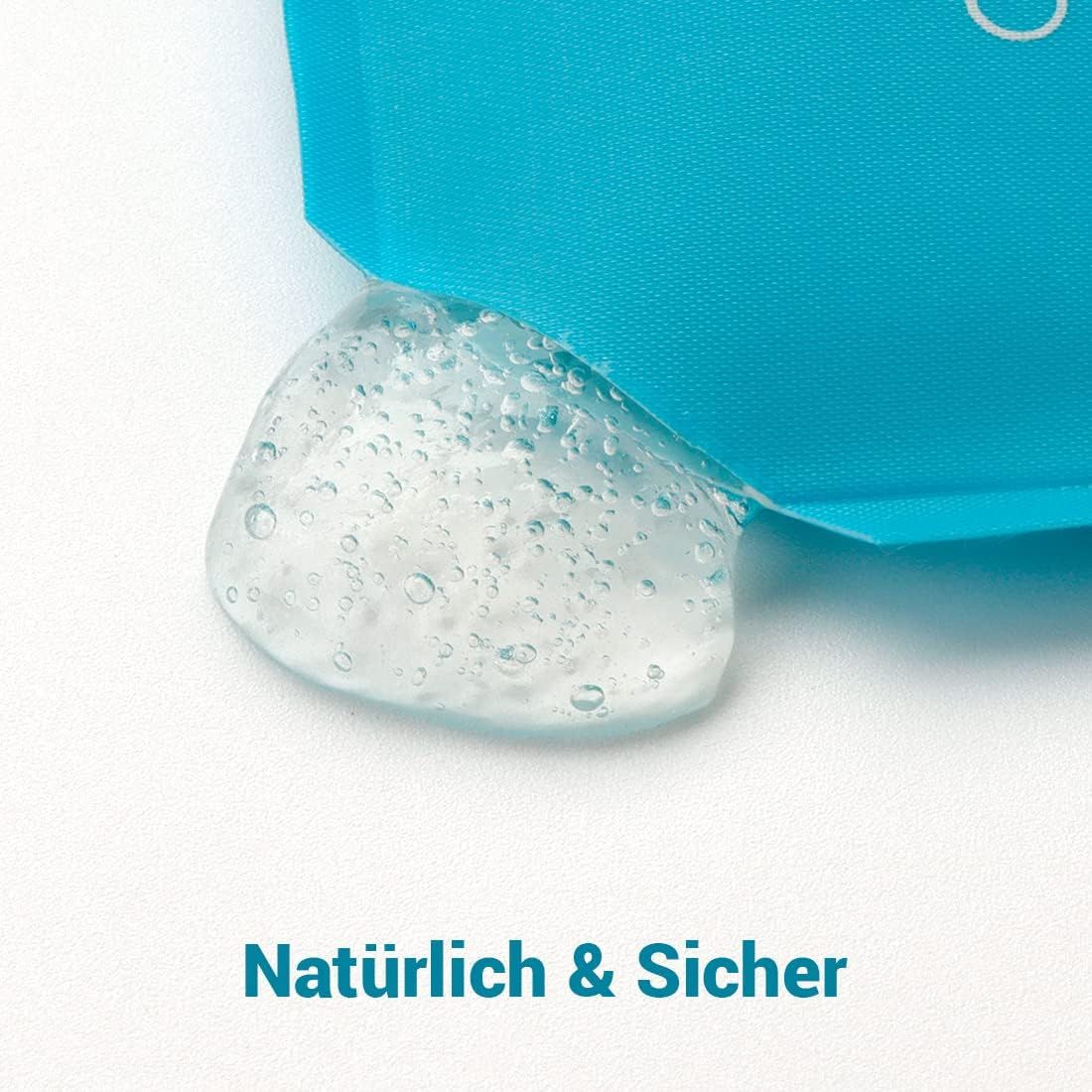 Klares Gel mit Luftblasen tritt aus einer blauen Verpackung aus.