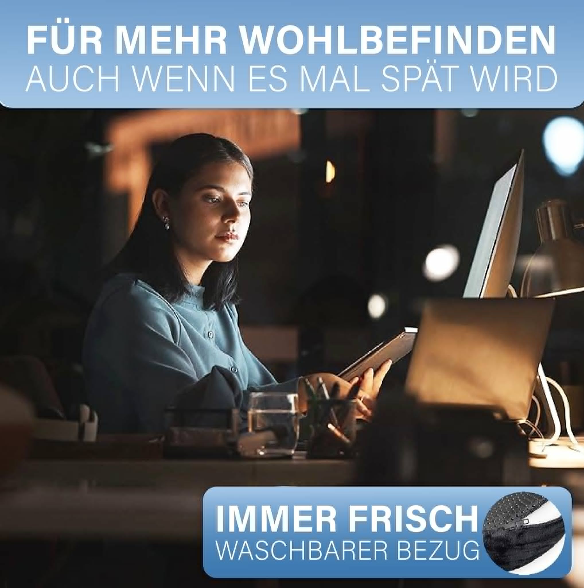 Schwarzes Sitzkissen mit abnehmbarem, waschbarem Bezug für Komfort bei langer Arbeit.