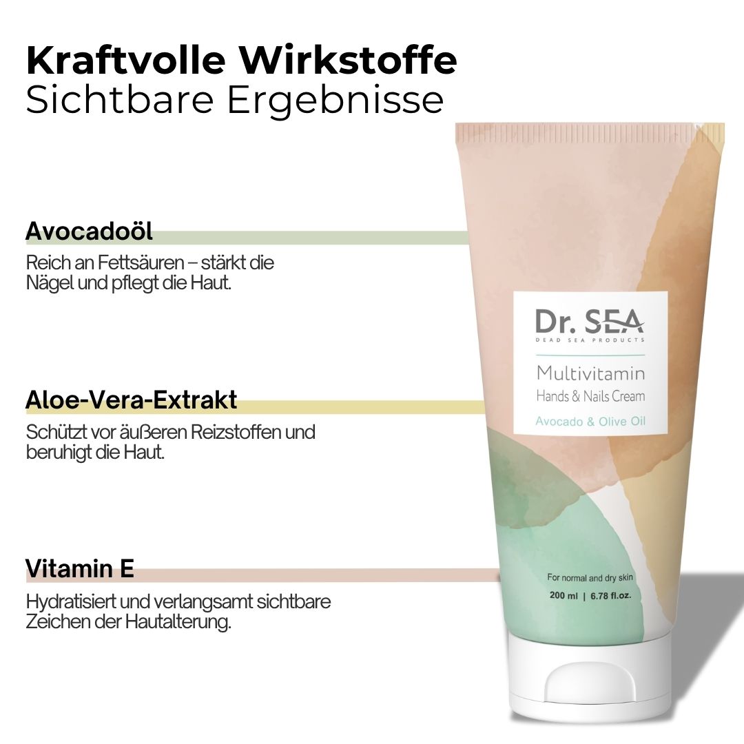 Creme-Tube mit Aufdruck. Dr. Sea Multivitamin Hand- & Nagelcreme. Avocado & Olivenöl. Inhaltsstoffe und Text.