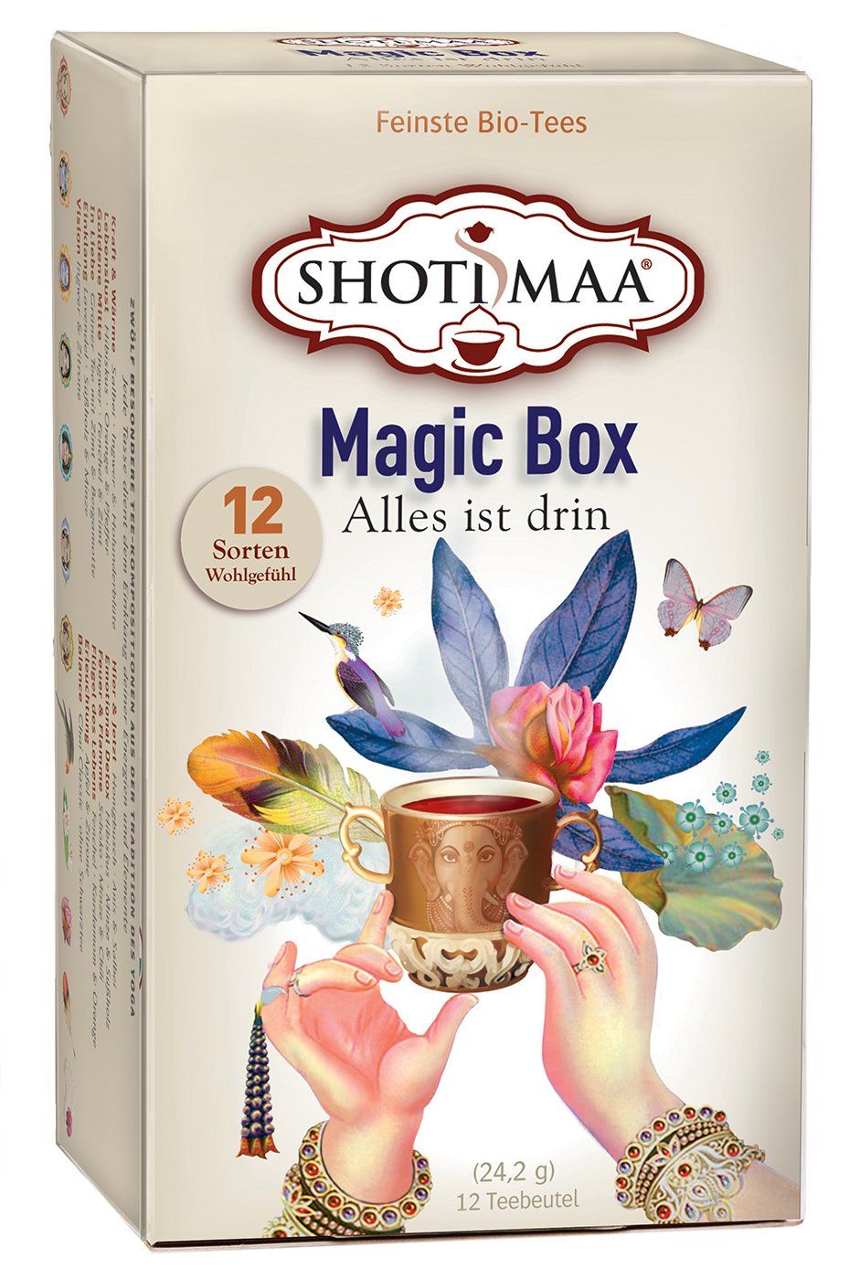 Shoti Maa Magic Box Tee-Verpackung mit 12 Bio-Teebeuteln.