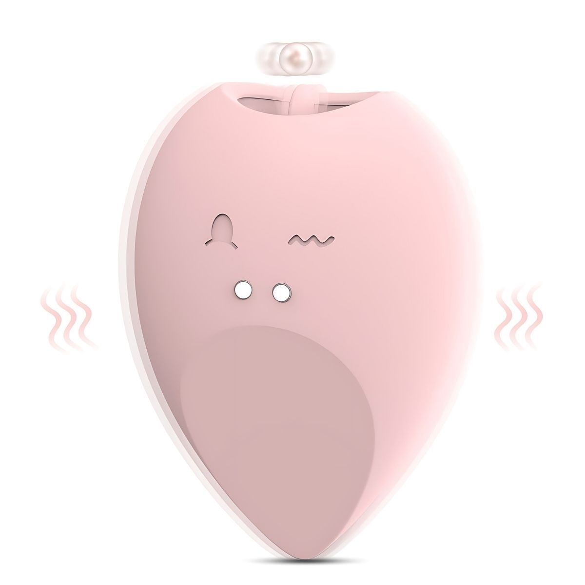 Rosa Vibrator in Tropfenform. Rosa, mit zwei Knöpfen und einem wellenförmigen und einem bogenförmigen Design. Oben befindet sich ein Ring.