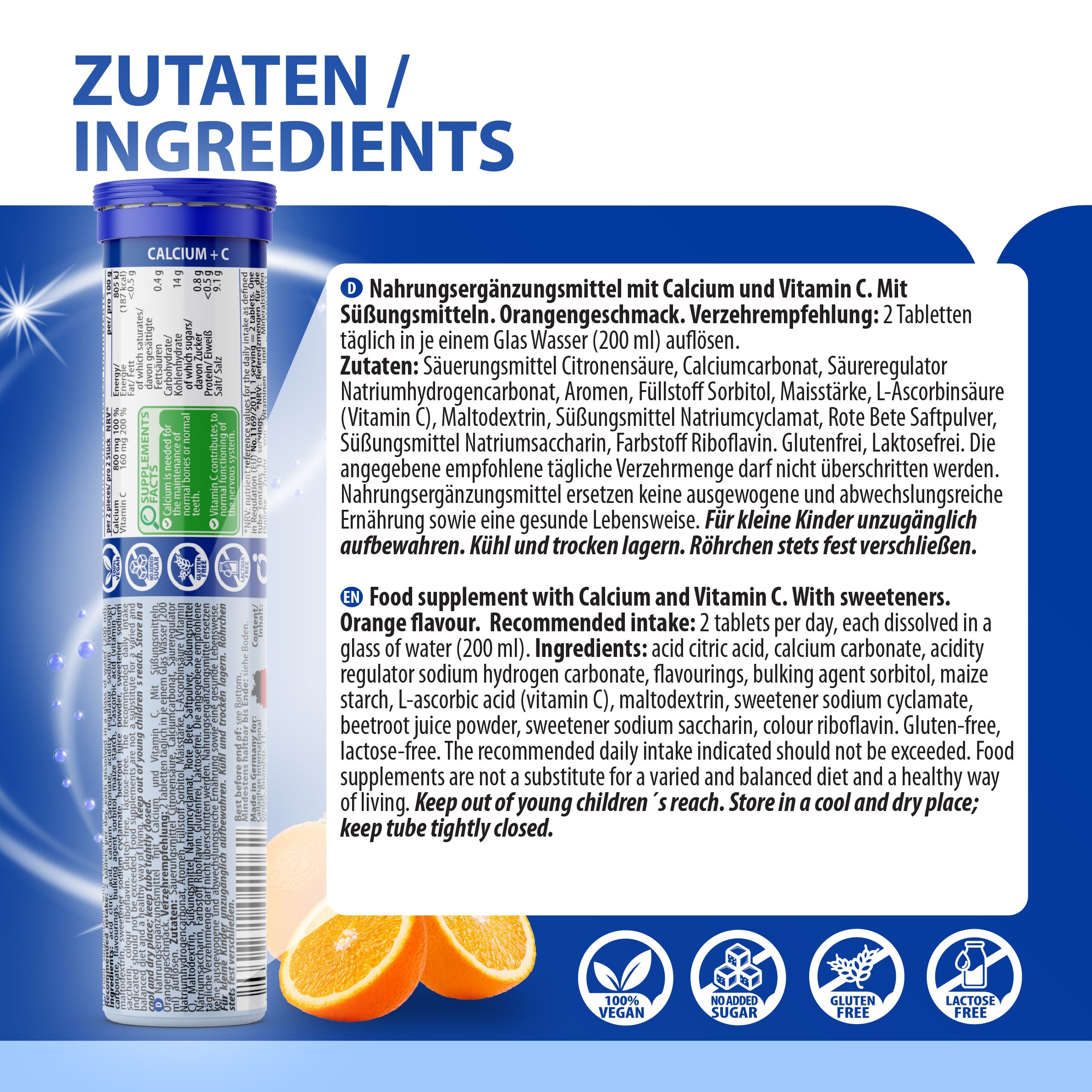 Produktinformationen auf der Tube EVÄM Calcium + C. Zutaten, Verzehrempfehlung, Warnhinweise. Orangen und Logos.