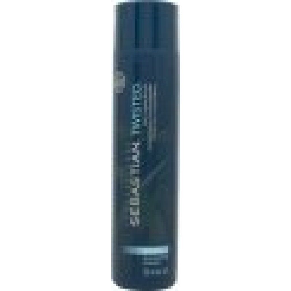 Dunkelblaue Haarspray-Dose mit weißem Etikett.