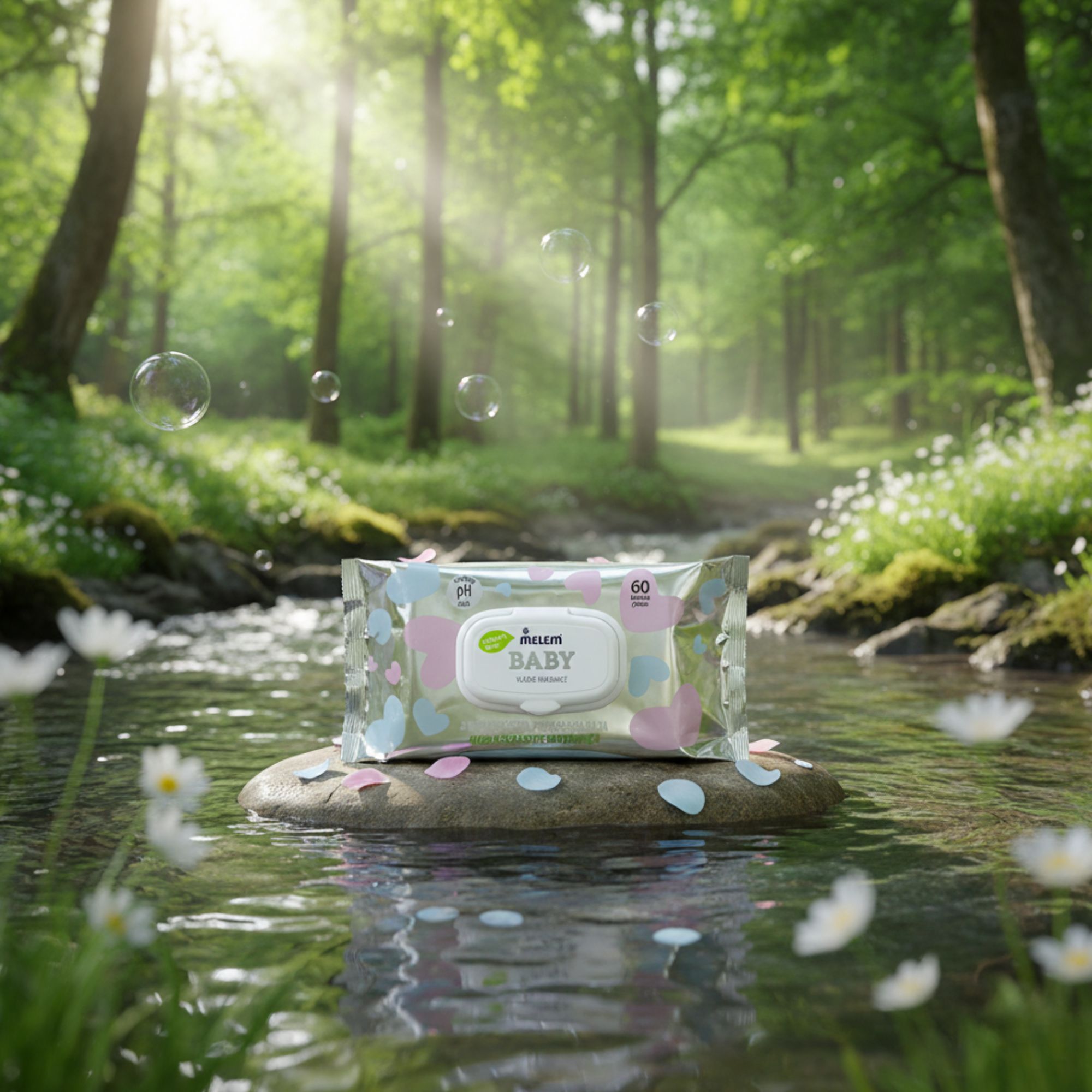 Packung Feuchttücher auf Stein im Wasser. Im Hintergrund Wald und Blasen. Aufdruck: Melem Baby.