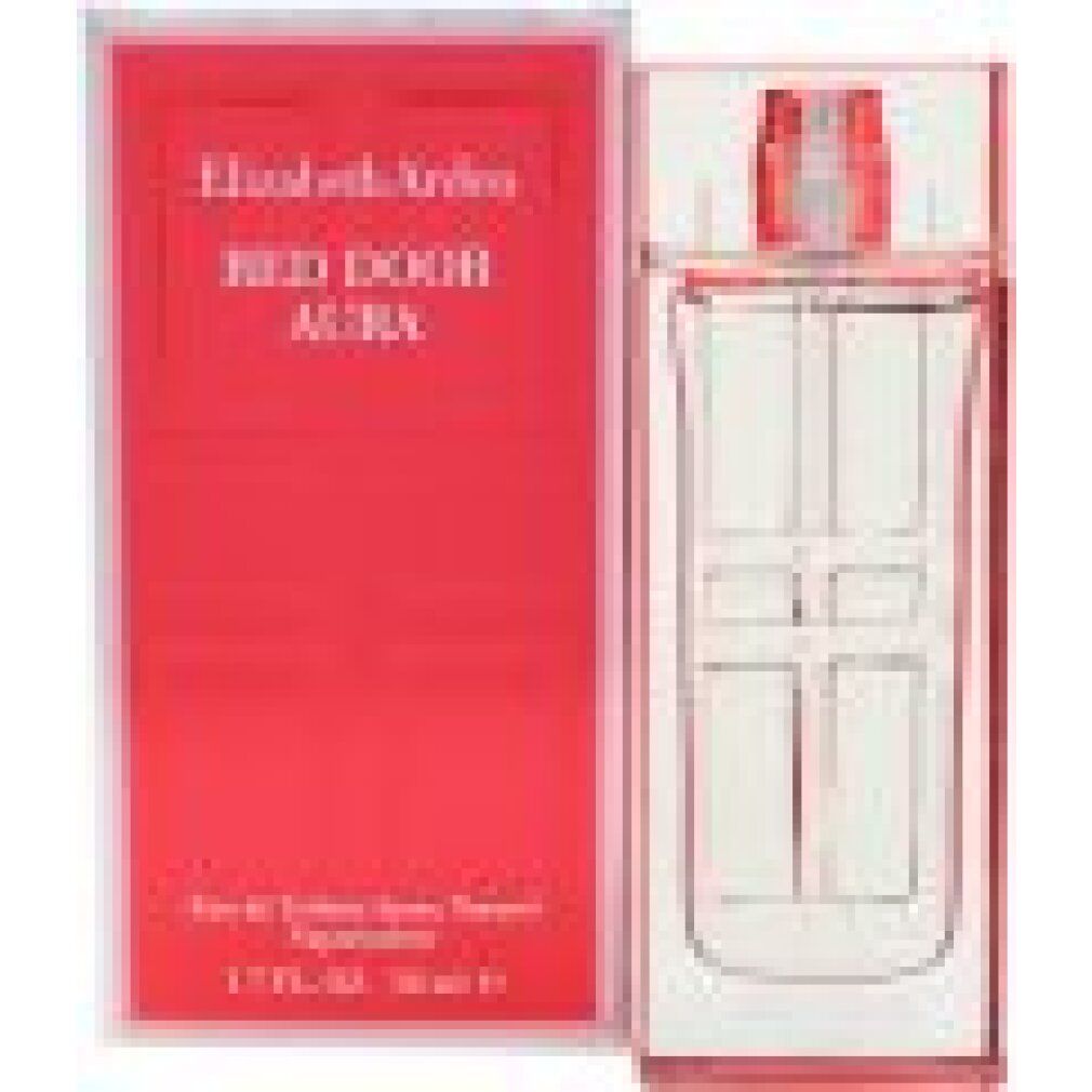Roter Flakon und Verpackung. Flakon mit rotem Deckel. Verpackung mit Schriftzug "RED DOOR AURA".