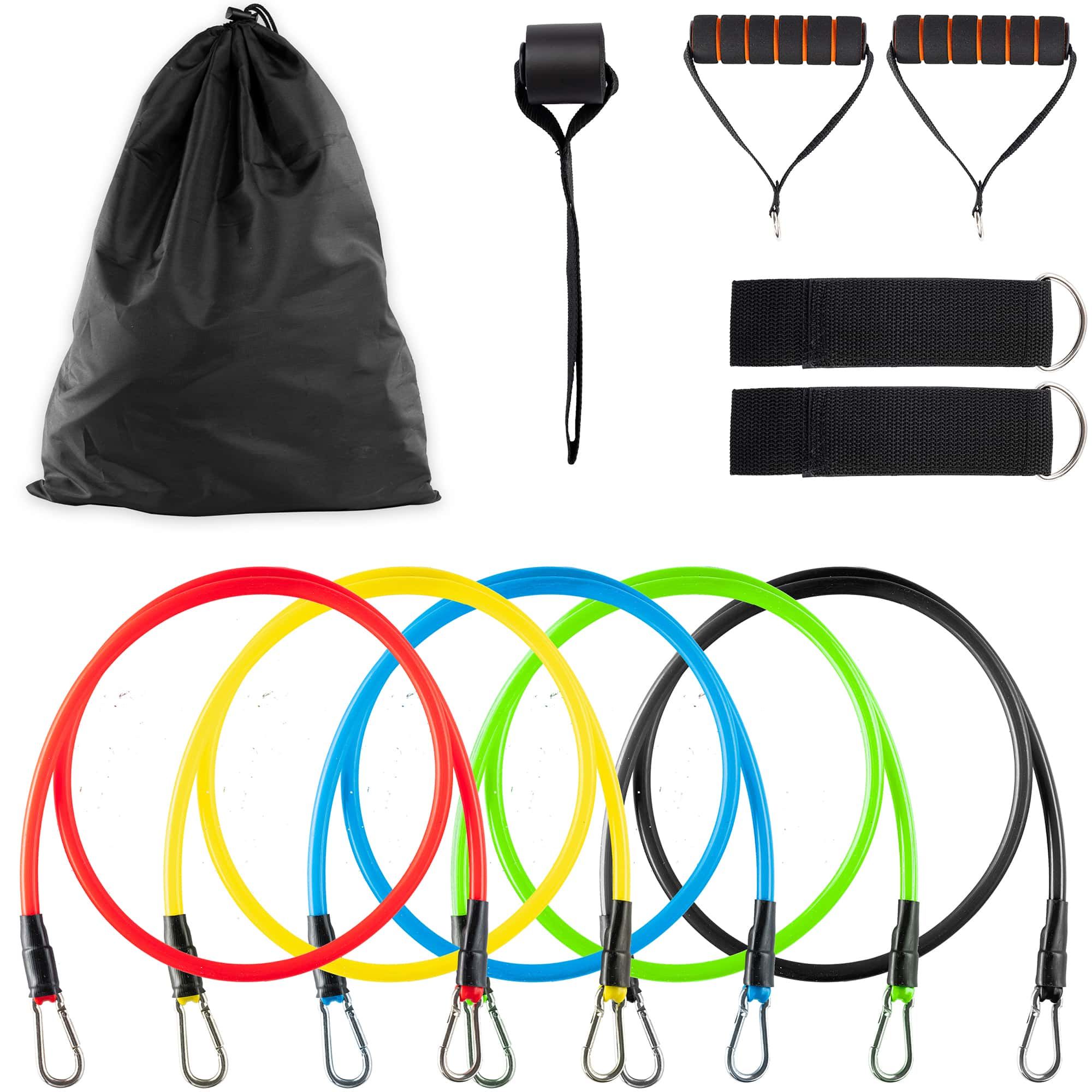 Widerstandsband-Set. Enthält Bänder in verschiedenen Farben, Griffe, Fußschlaufe und eine schwarze Tasche. Metallhaken.