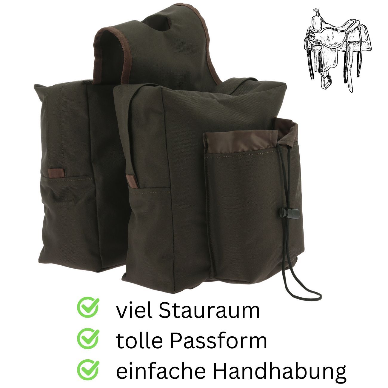 Braune Satteltasche mit zwei Hauptfächern und einer zusätzlichen Tasche mit Kordelzug. Text: viel Stauraum, tolle Passform, einfache Handhabung.