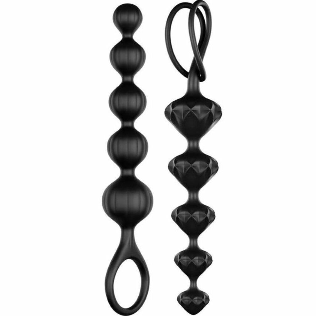 Zwei schwarze Love Beads. Eine Kette mit runden Perlen, eine mit rautenförmigen Elementen.