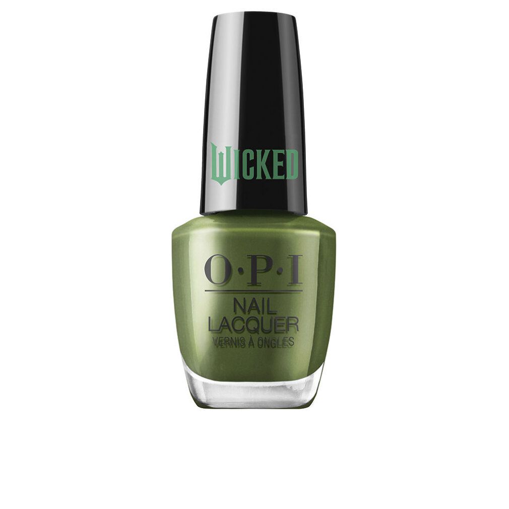 Grüner Nagellack von O.P.I. mit schwarzem Deckel. Aufschrift: Wicked. Nagellack für Nägel.
