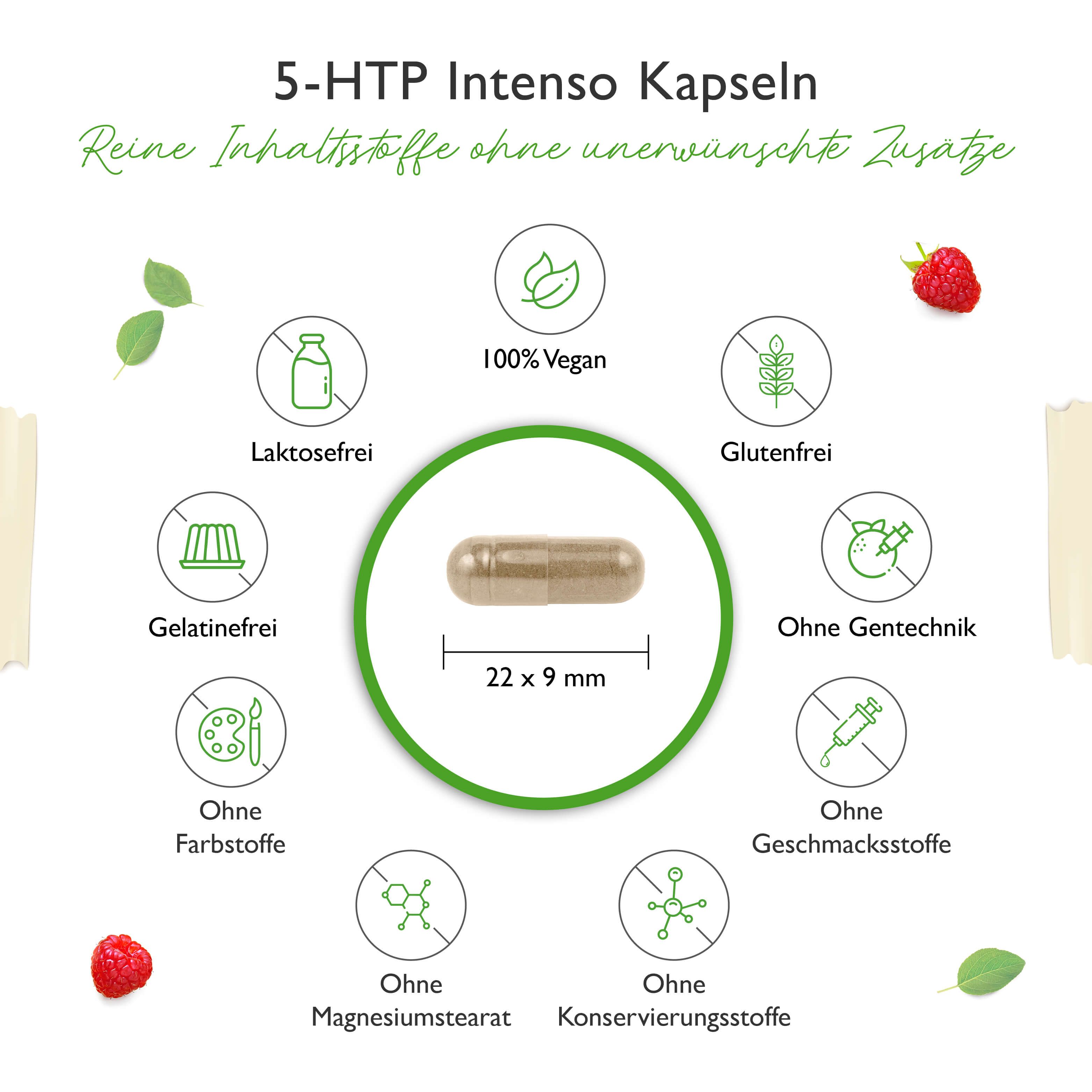 Kapsel, 22 x 9 mm, umgeben von Symbolen: laktosefrei, glutenfrei, ohne Gentechnik, ohne Farbstoffe, ohne Geschmacksstoffe, ohne Magnesiumstearat.