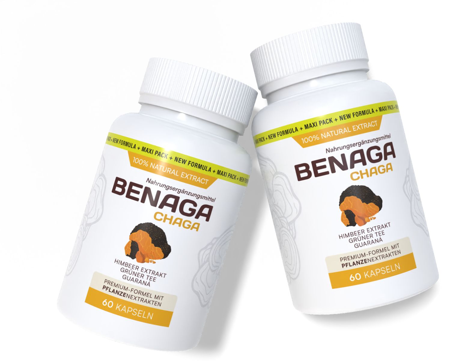 Zwei weiße Flaschen BENAGA CHAGA Nahrungsergänzungsmittel mit Himbeer-Extrakt, grünem Tee und Guarana.