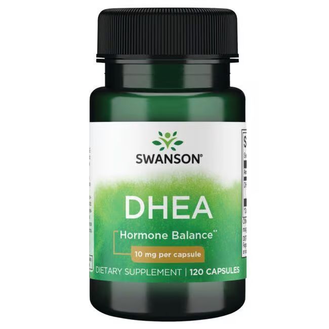 Grüne Flasche mit schwarzem Deckel. Etikett mit "SWANSON", "DHEA", "10 mg per capsule" und "120 Capsules".