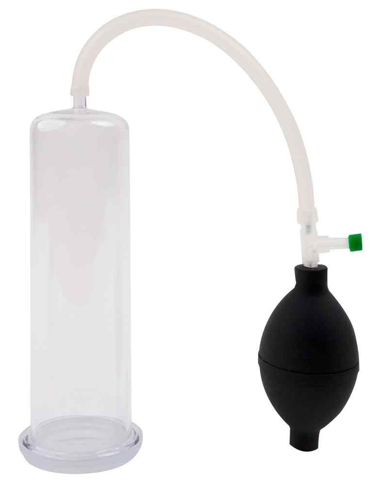 Penispumpe mit transparentem Zylinder, schwarzem Gummiball und Schlauch.
