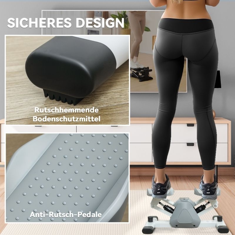 Mini-Stepper. Detailansicht: rutschfeste Pedale und Bodenschutz. Person benutzt das Gerät. Text: Sicheres Design.