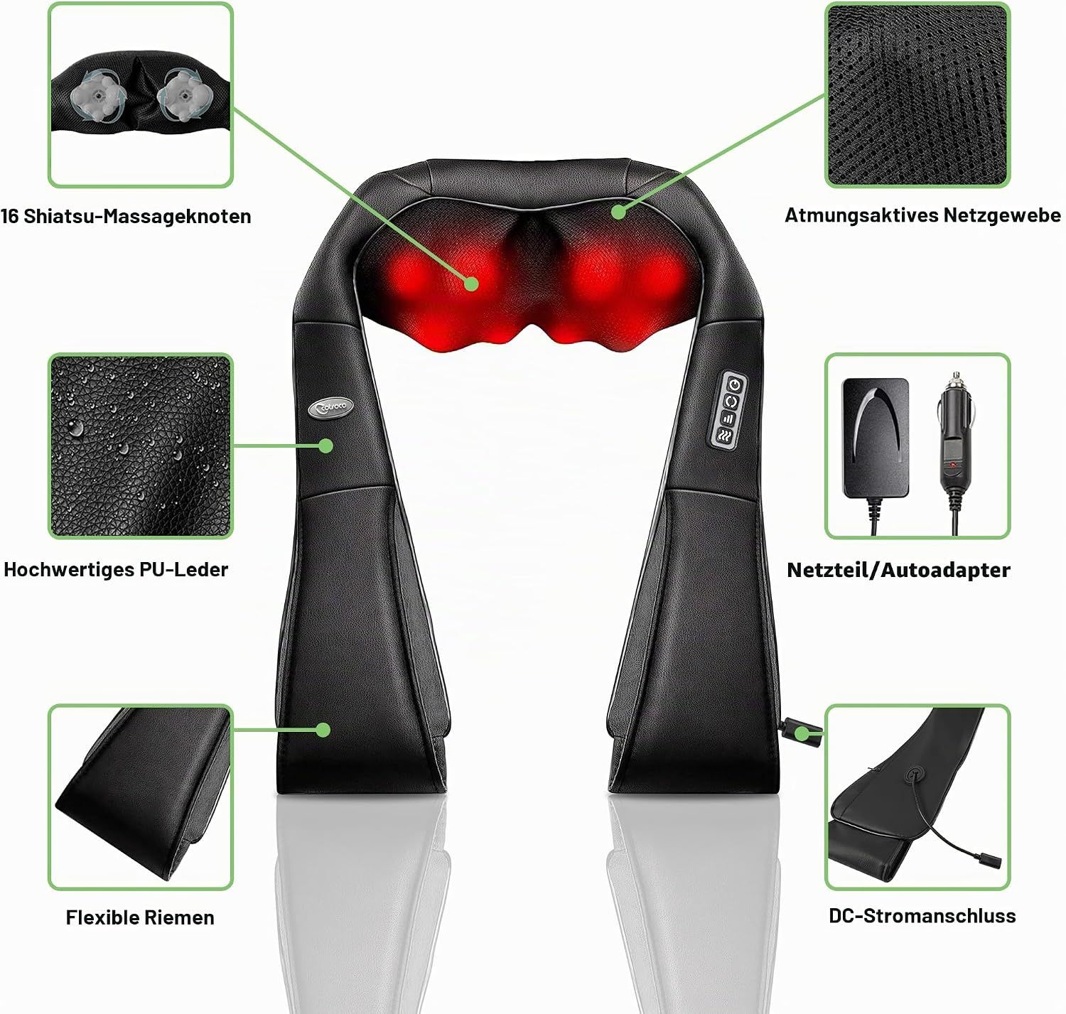Schwarzes Nackenmassagegerät mit 16 Shiatsu-Knoten, atmungsaktivem Netzgewebe und PU-Leder.