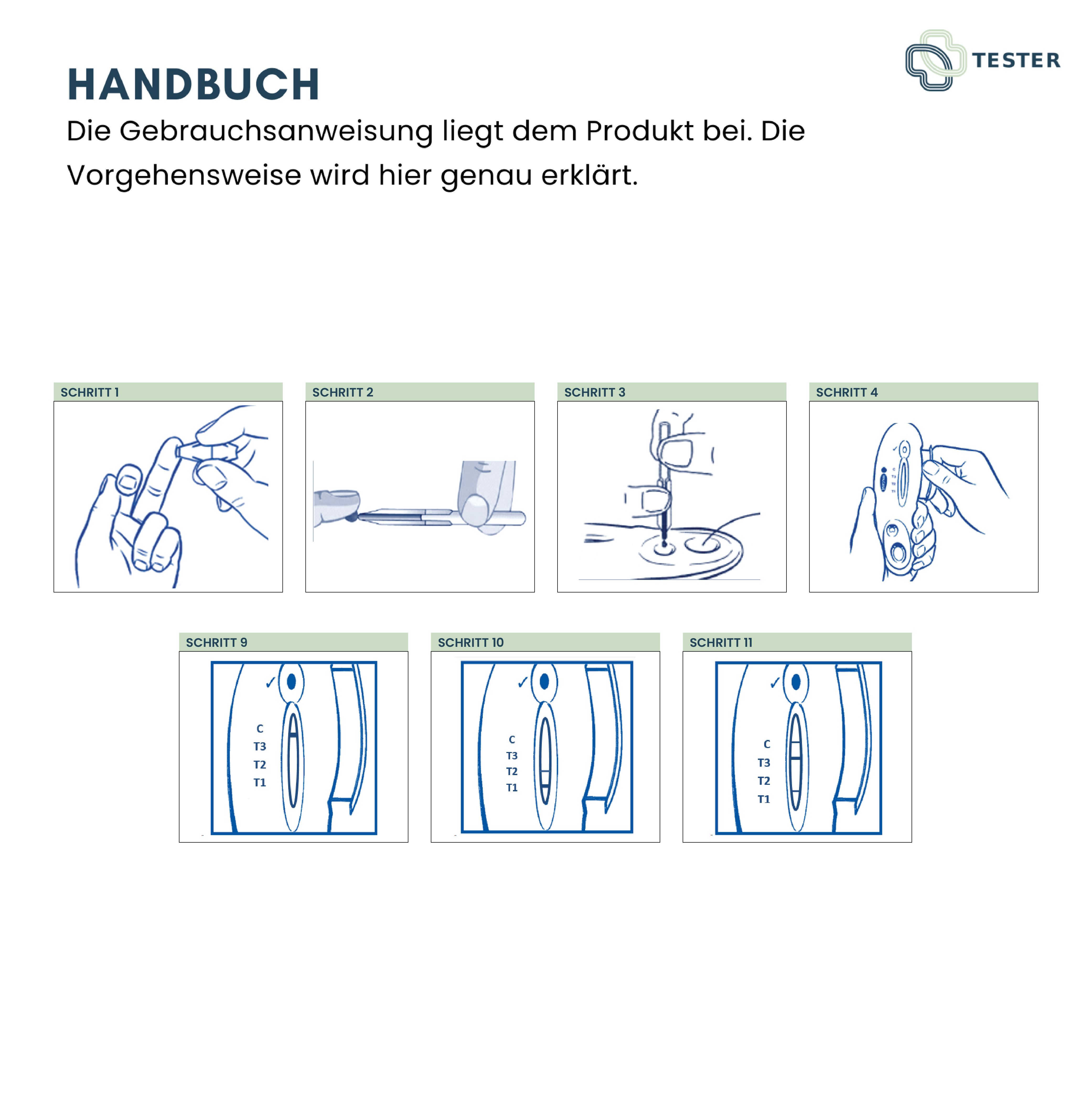 Handbuch mit Illustrationen. Schritte zur Durchführung eines Allergietests. 9 Abbildungen zeigen die Testschritte.