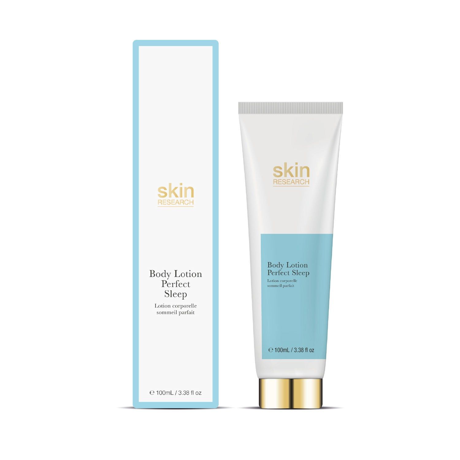 Creme-Tube und Verpackung. Aufschrift: Skin Research, Body Lotion Perfect Sleep. Verpackung mit blauem Rahmen.