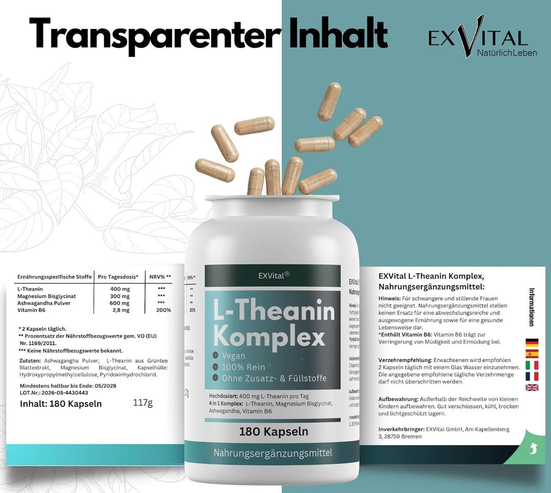 EXVital® L-Theanin Komplex Kapseln mit Magnesium, Ashwagandha & Vitamin B6