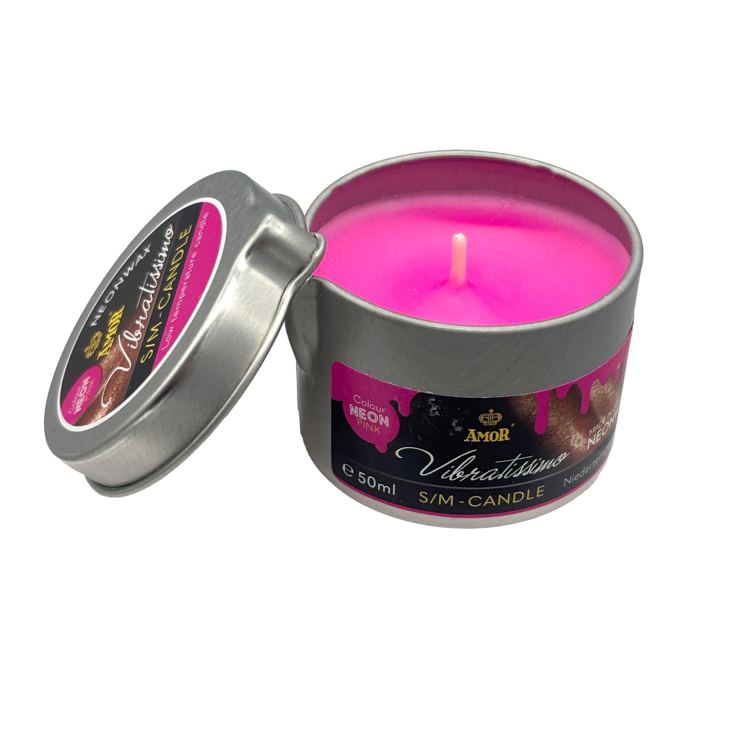 VIBRATISSIMO S/M Kerze Neon Pink in Metalldose, geöffnet. Kerze ist pink.