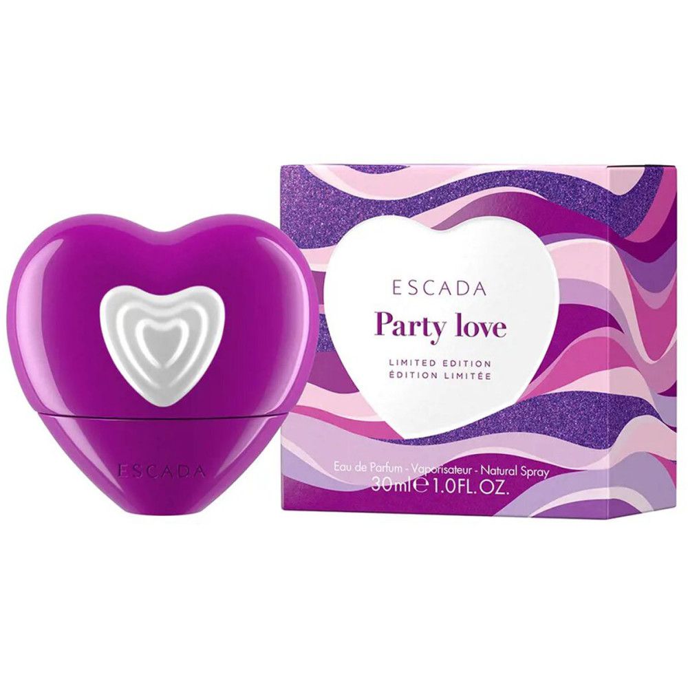 Lila herzförmiger Flakon mit weißem Herz. Daneben eine Schachtel mit Escada Party Love, Limited Edition.
