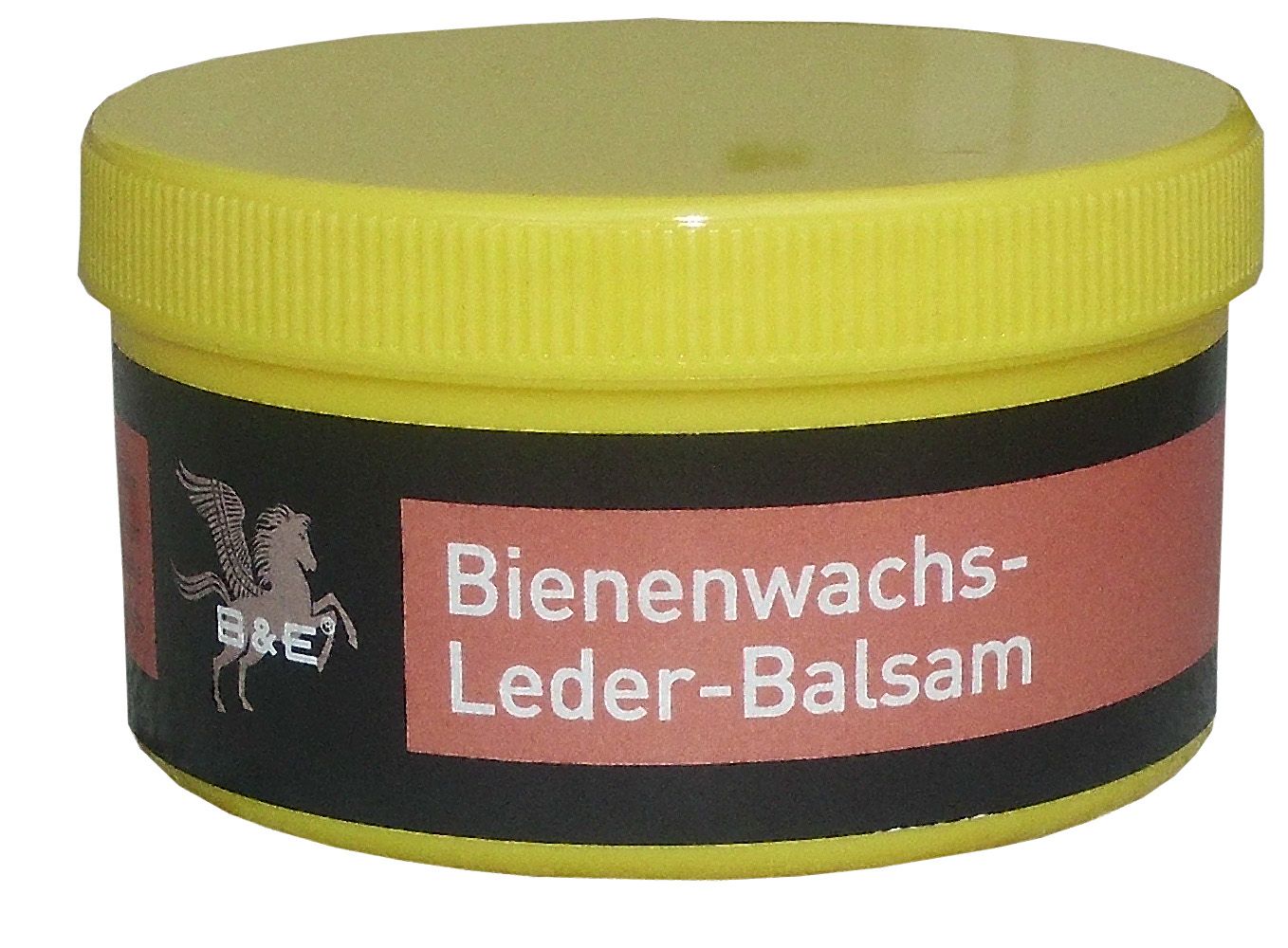 Runder Behälter mit gelbem Deckel. Schwarzes Etikett mit Text: Bienenwachs-Leder-Balsam.