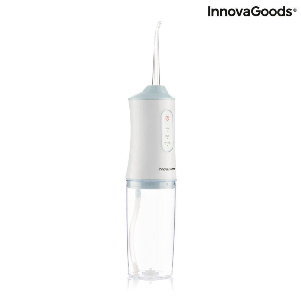 Tragbare Munddusche, weiß und blau. InnovaGoods Logo.