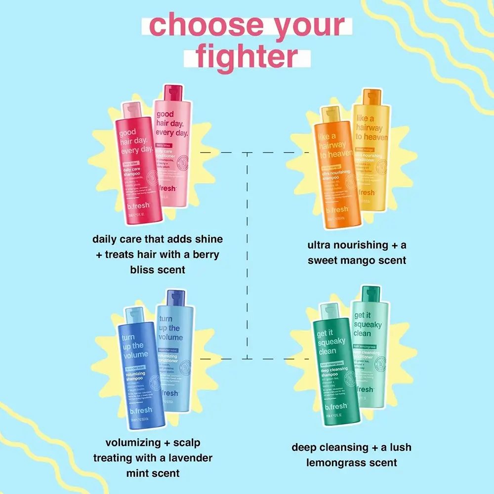 Vier Produktgruppen mit Flaschen. Text: Choose your fighter. B.fresh Logo. Auf blauem Hintergrund.